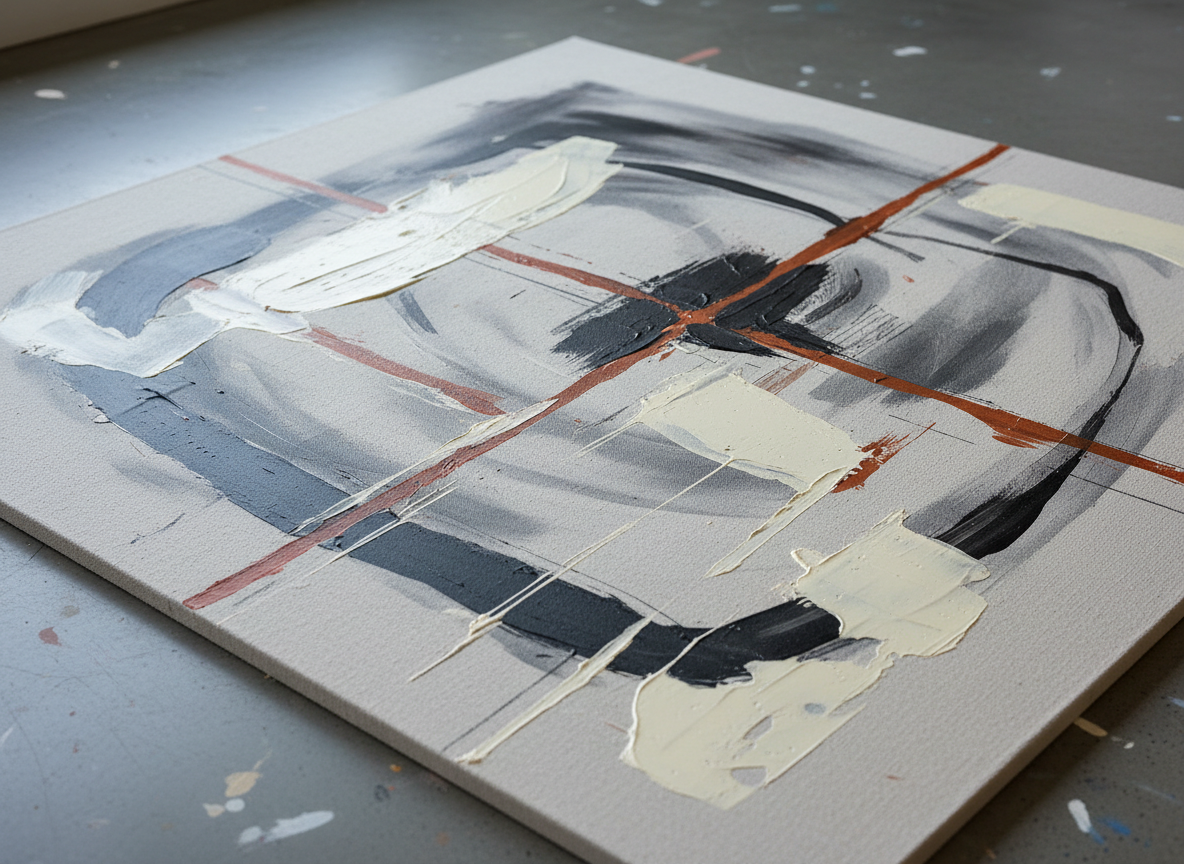 A close-up, photographic view of a stretched linen canvas partially covered in abstract brushstrokes of smoky gray, charcoal black, and pale ivory, with occasional sharp lines of burnt sienna. The surface reveals rich textures: scraped paint, delicate drips, and fine graphite marks etched into the layers. The canvas lies flat on a smooth concrete studio floor dusted with faint pigment smudges. Cool, natural north-facing window light grazes across the scene from the left, emphasizing every ridge and groove in the paint and casting minimal, crisp shadows. Captured from a slightly elevated angle with a tight crop, the composition feels intimate and focused on materiality. The atmosphere is refined, quiet, and intellectually engaging, with a modern, minimalist photographic aesthetic.