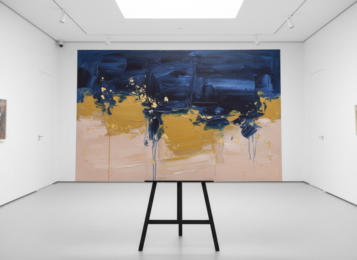 A large, meticulously lit canvas of an abstract painting resting on a sleek, matte-black easel in a pristine white gallery space. The painting features layered swaths of deep indigo, warm ochre, and muted blush, with delicate gold leaf accents catching the light. Thick impasto textures and translucent glazes create a sense of depth and motion. Soft, diffused gallery lighting from above and the side creates subtle highlights along the paint ridges and a gentle shadow behind the easel. Shot at eye level with a centered composition and shallow depth of field, the background walls fall slightly out of focus. The mood is sophisticated, calm, and contemplative, in a clean, photographic realism style.